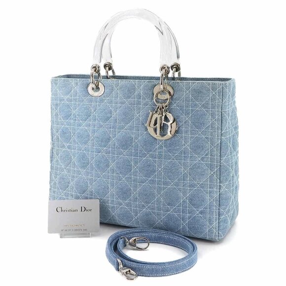 Christian Dior Lady Dior Large Hand Shoulder Bag Denim Blue Purse 90277546 - Picture 1 of 11